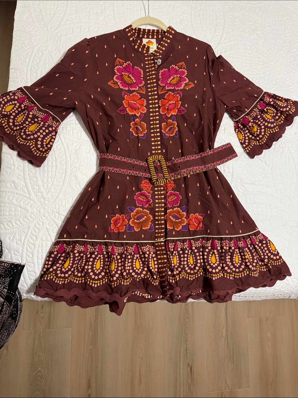 FARM Rio Brown Mini Dress with Pink and Orange Floral Embroidery look